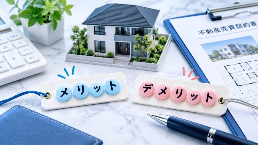 メリット・デメリットのタグと家の模型と書類に電卓